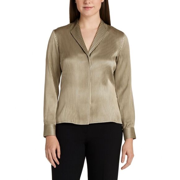 Peck & Peck Tan Navy Striped Silk Charmeuse V-neck Button Front Blouse Size 10 - Picture 1 of 12